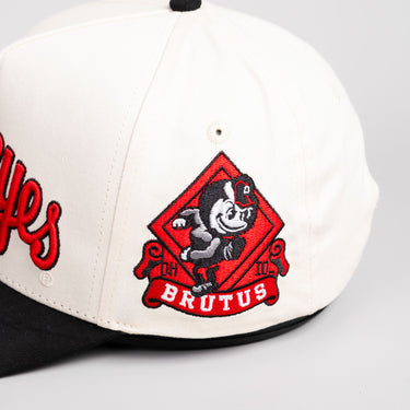 Ohio State Buckeyes Hat Cream & Black Brutus Patch Snapback - Side Patch Detail