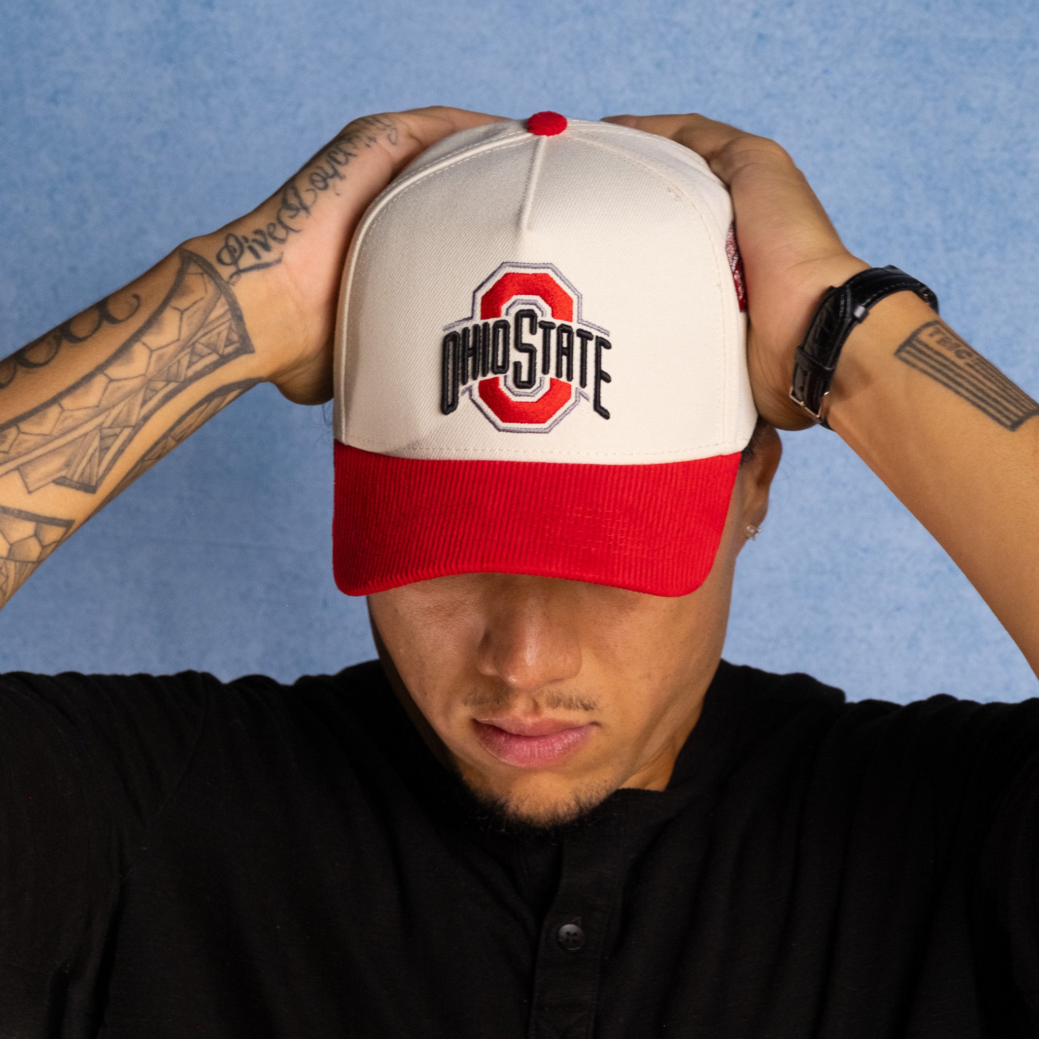 Ohio State Buckeyes Hat Cream & Red Banners Snapback - On Model Lifestyle B
