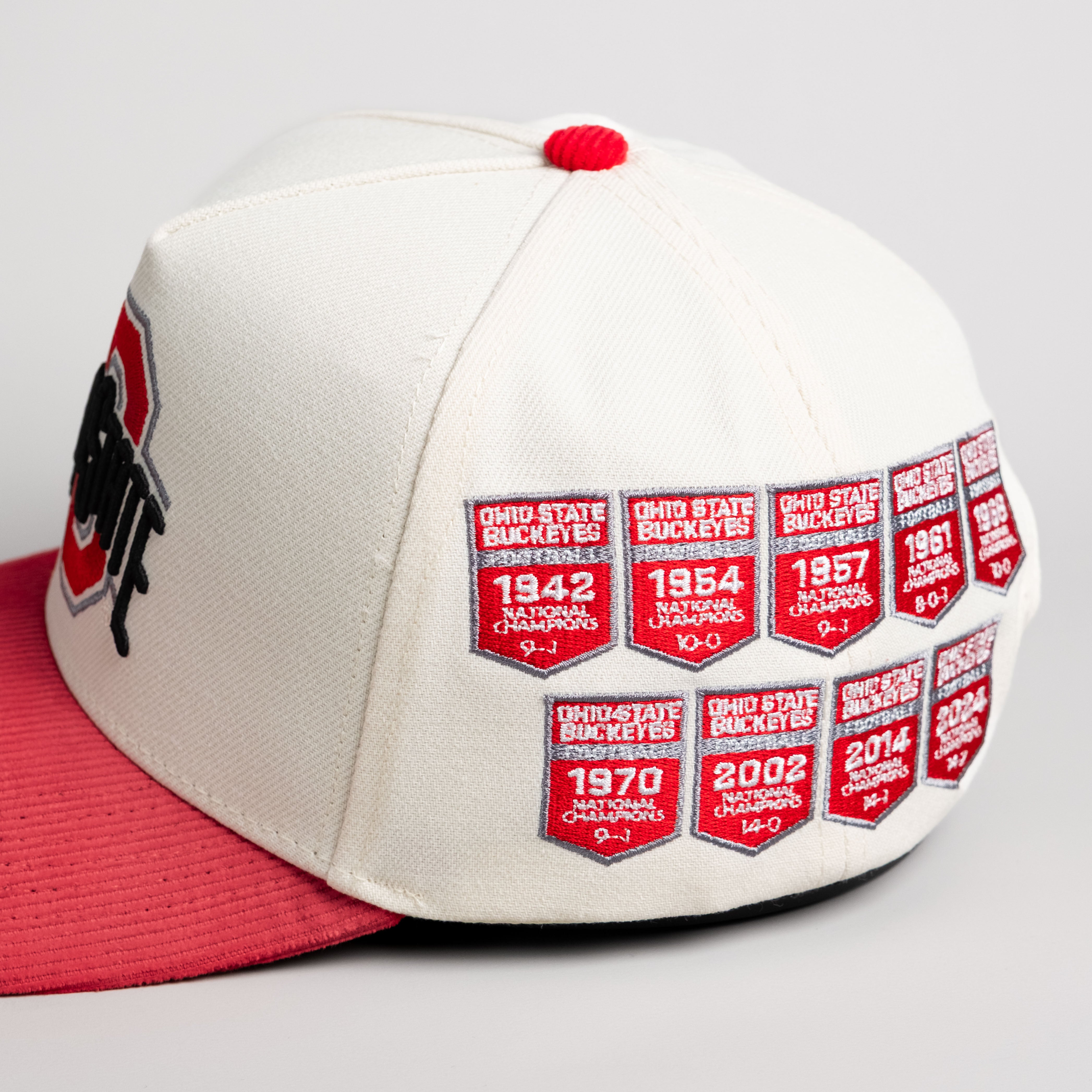 Ohio State Buckeyes Hat Cream & Red Banners Snapback - Side Patch Detail