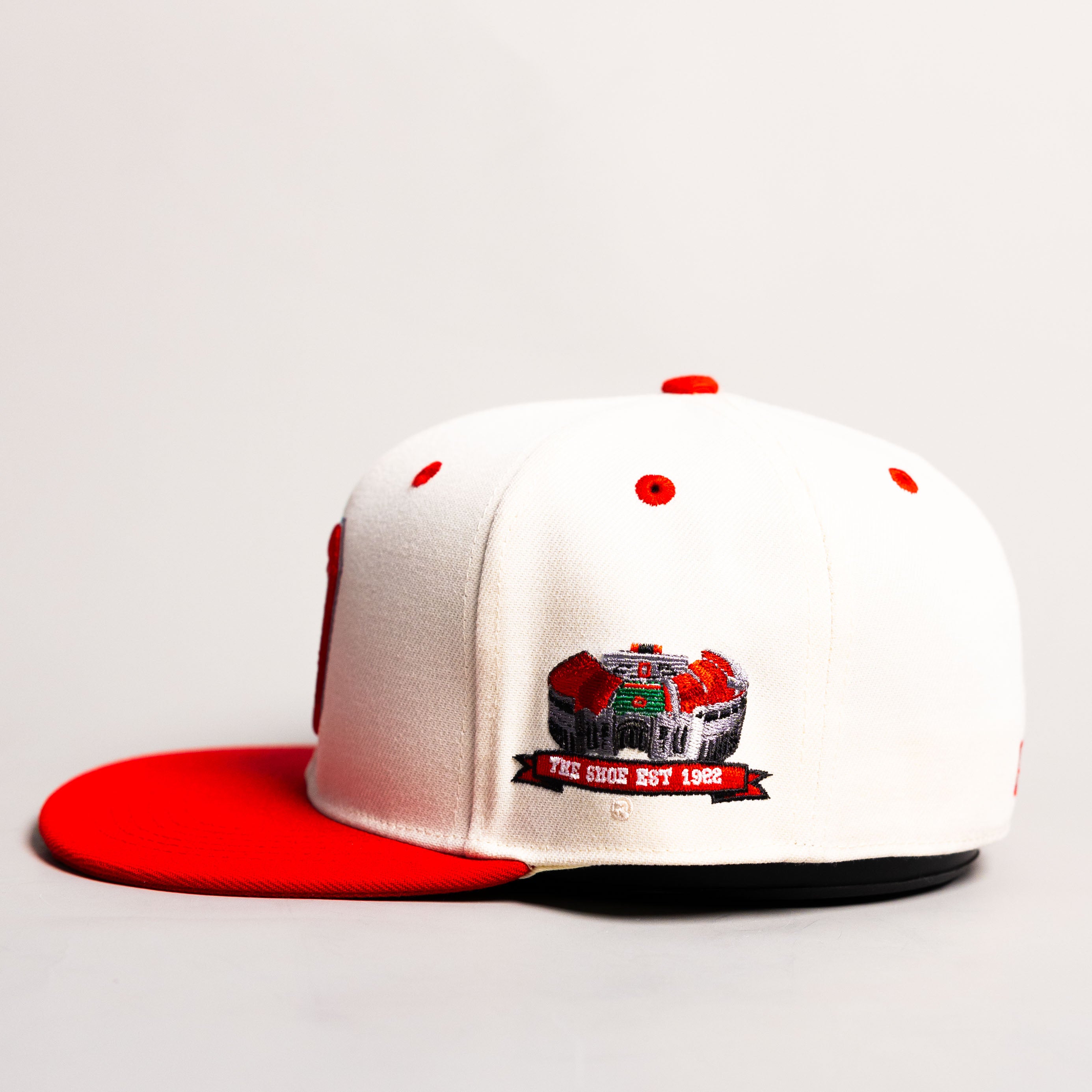 Ohio State Buckeyes Hat Cream & Red Block O Fitted - Side Stadium
