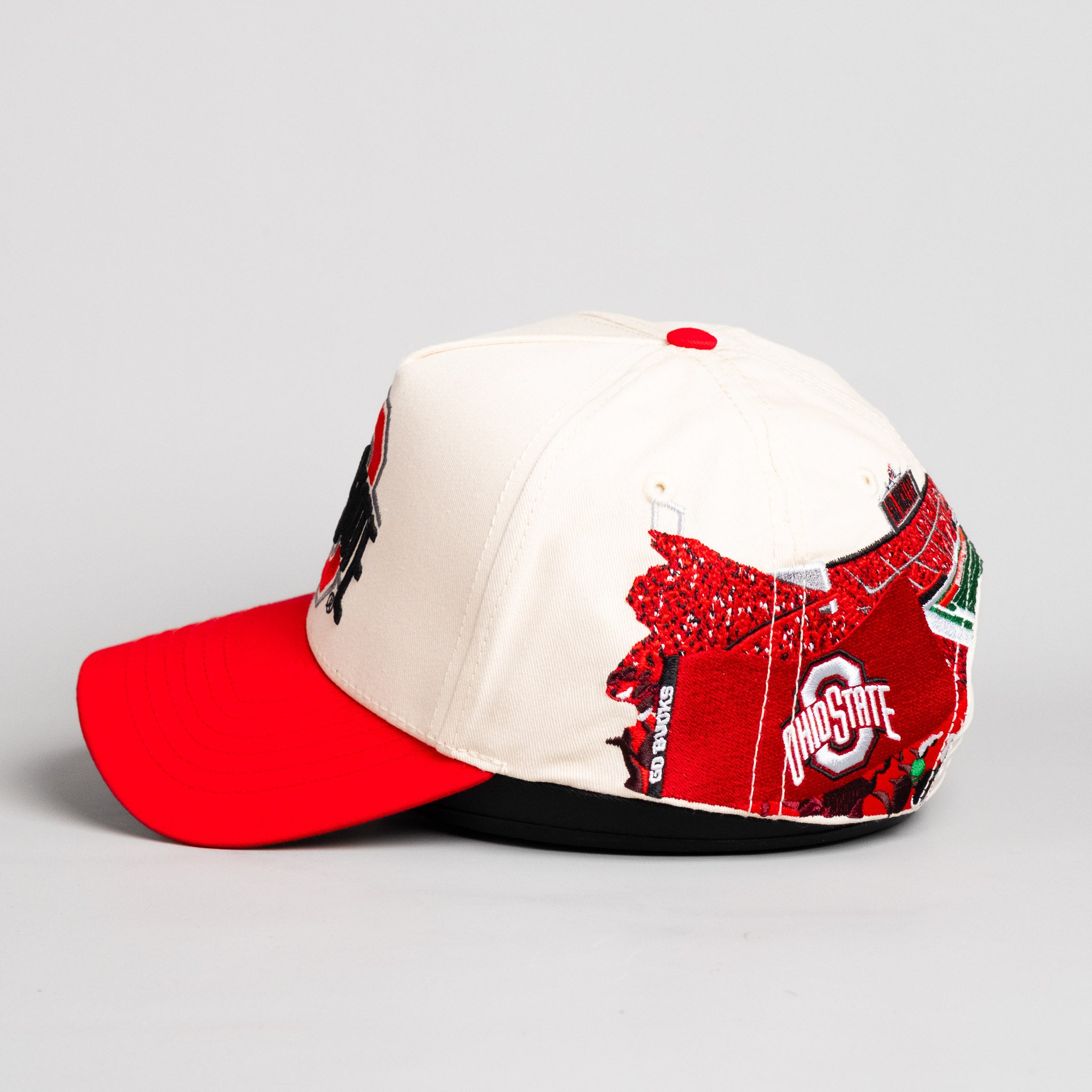 Ohio State Buckeyes Hat Cream & Red Home Crowd Snapback - Side Stadium