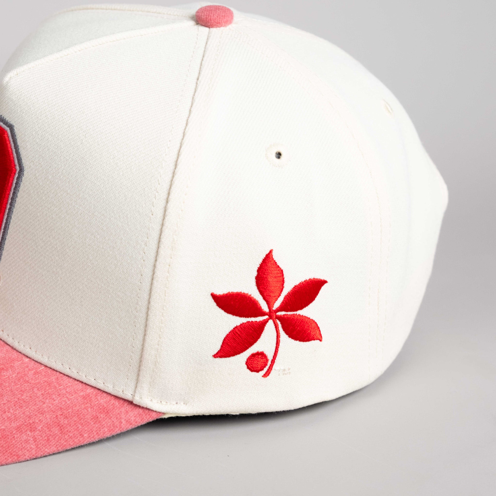 Ohio State Buckeyes Hat Cream & Red Sun Fade Snapback - Side Patch Detail