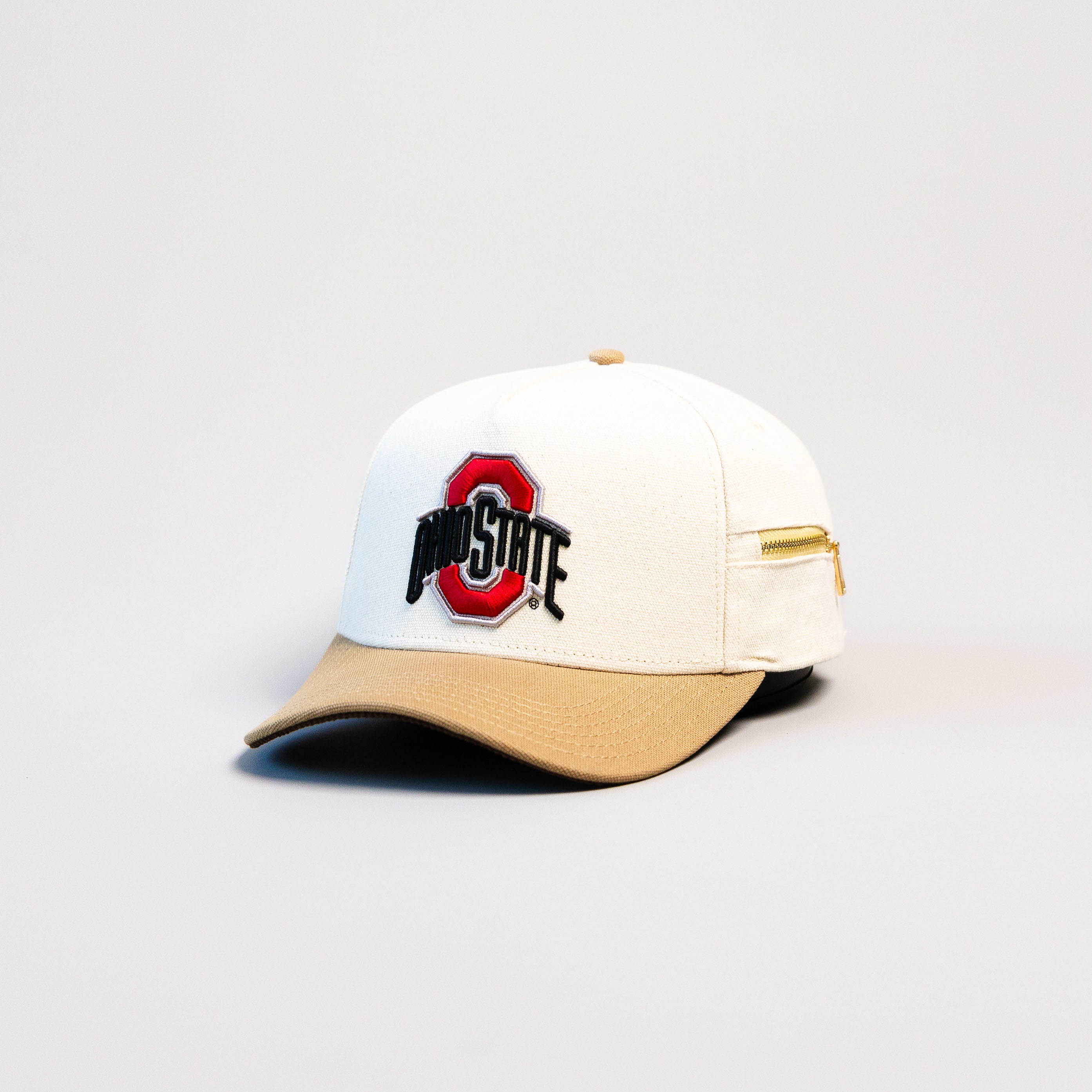 Ohio State Buckeyes Hat Cream & Tan Jobsite Snapback - Angled View
