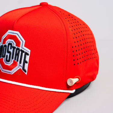 Ohio State Buckeyes Hat Red Tee Box Performance Rope Snapback - Front Detail Angled