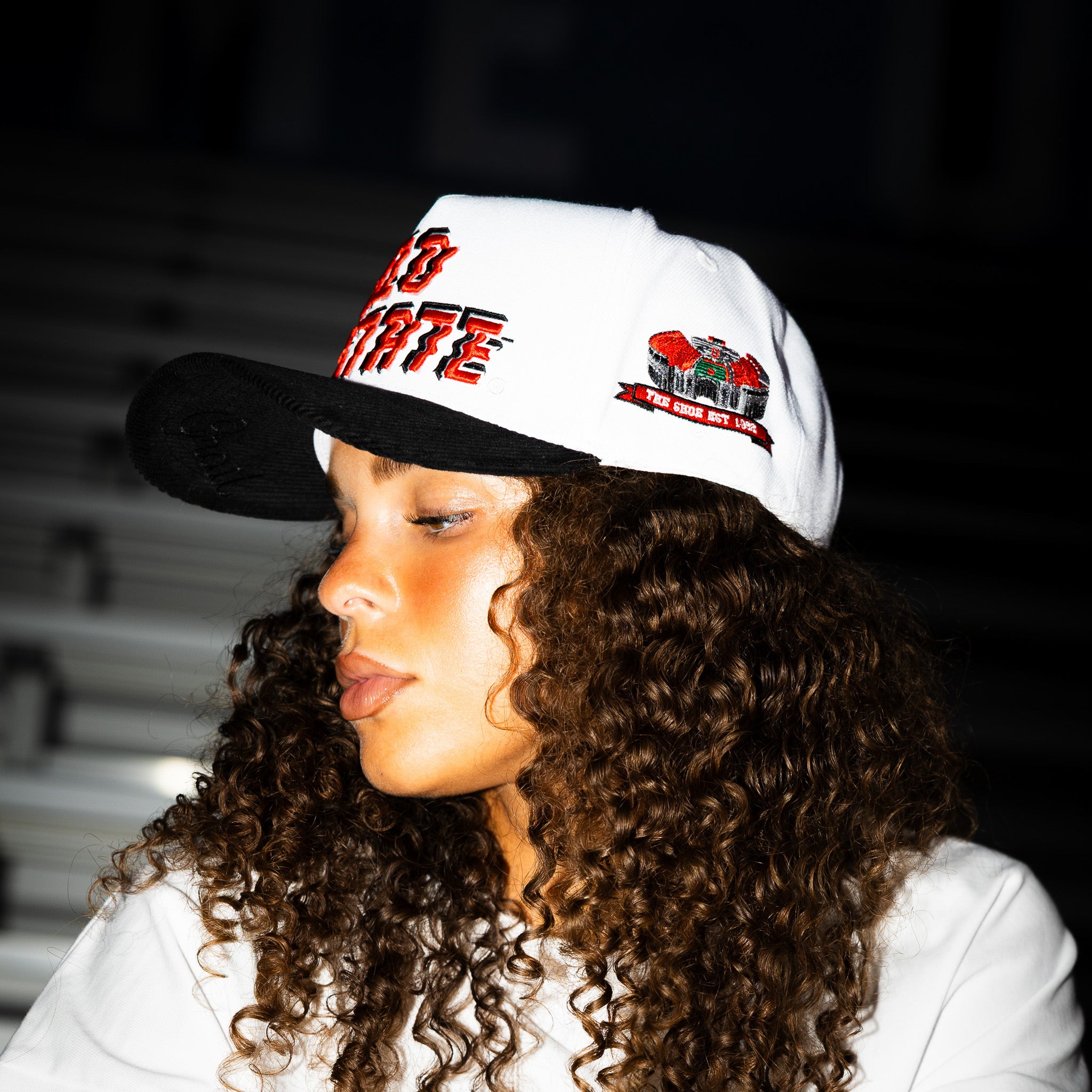 Ohio State Buckeyes Hat White & Black Corduroy Stadium Pulse Snapback - On Model Lifestyle