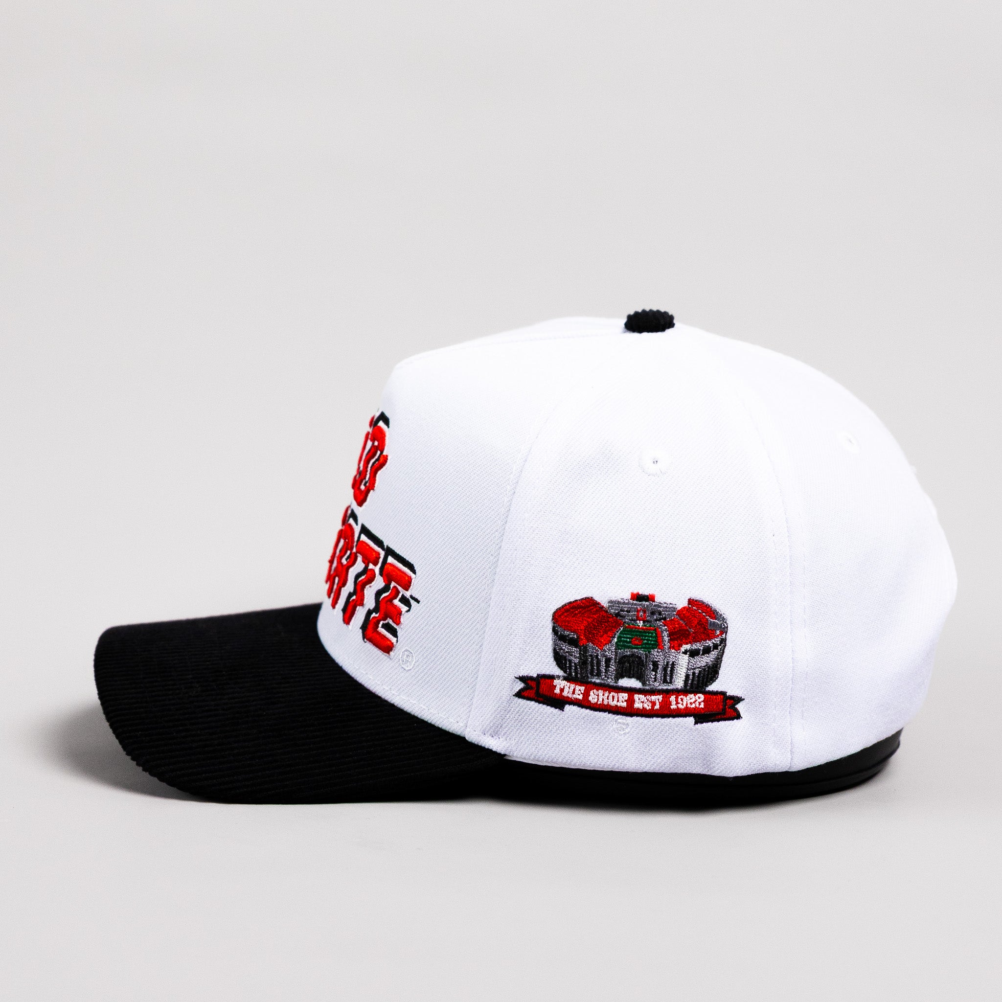 Ohio State Buckeyes Hat White & Black Corduroy Stadium Pulse Snapback - Side The Shoe Stadium Patch