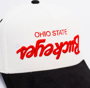 Ohio State Buckeyes Hat White & Black Flipped Script - Front Detail