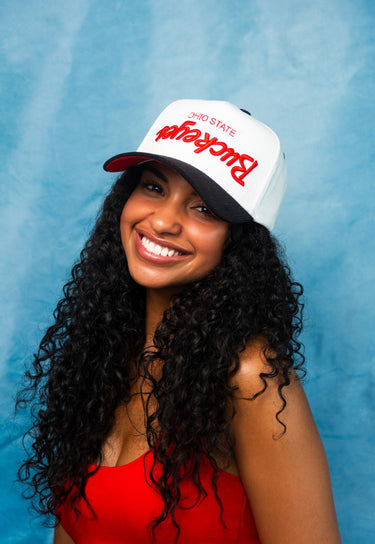 Ohio State Buckeyes Hat White & Black Flipped Script - On Model Lifestyle