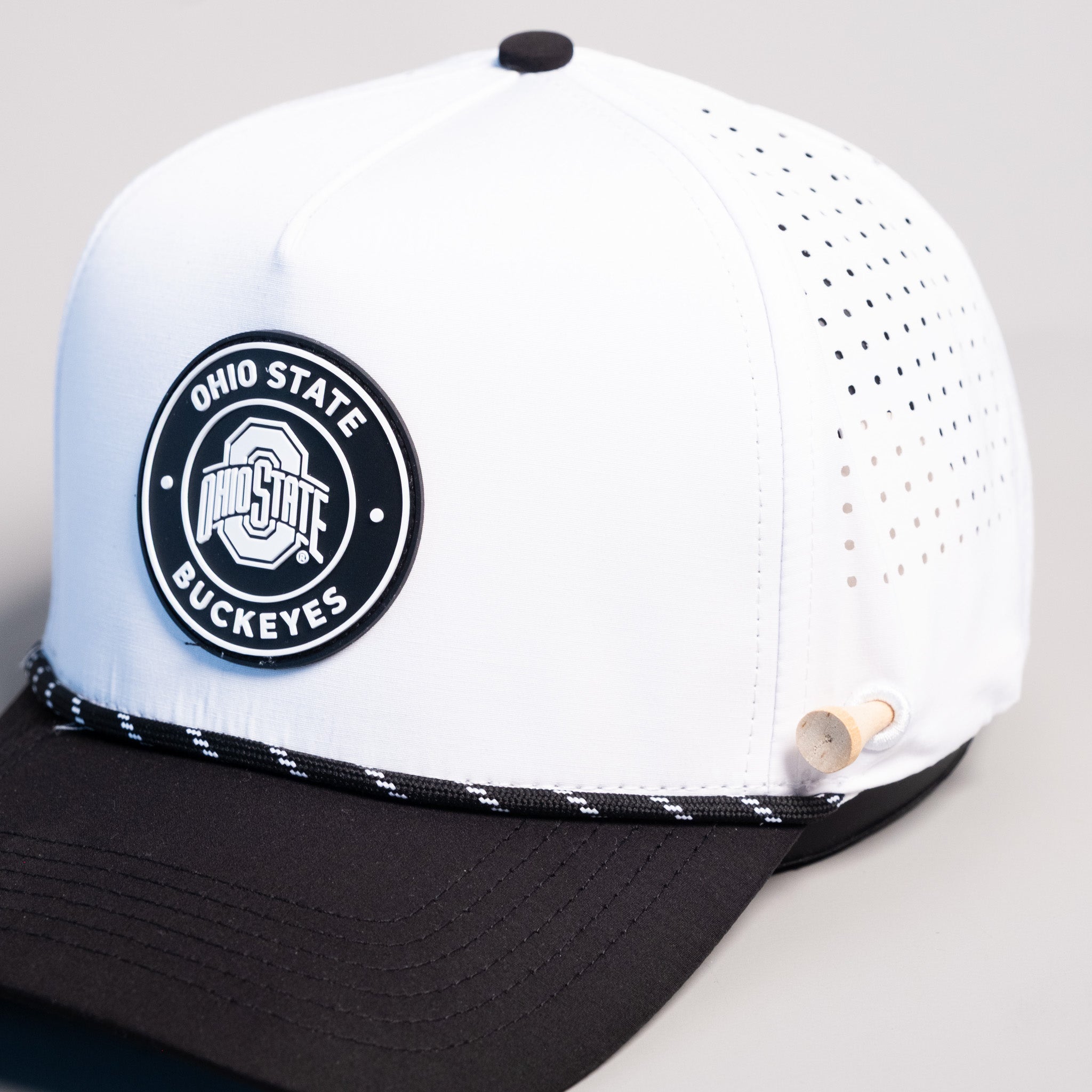 Ohio State Buckeyes Hat White Black Tee Box - Front Detail Angled