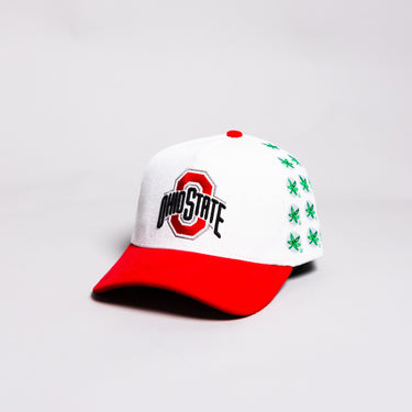 Ohio State Buckeyes Helmet Hat White Red Suede Brim Leaf Stickers Snapback - Angled View
