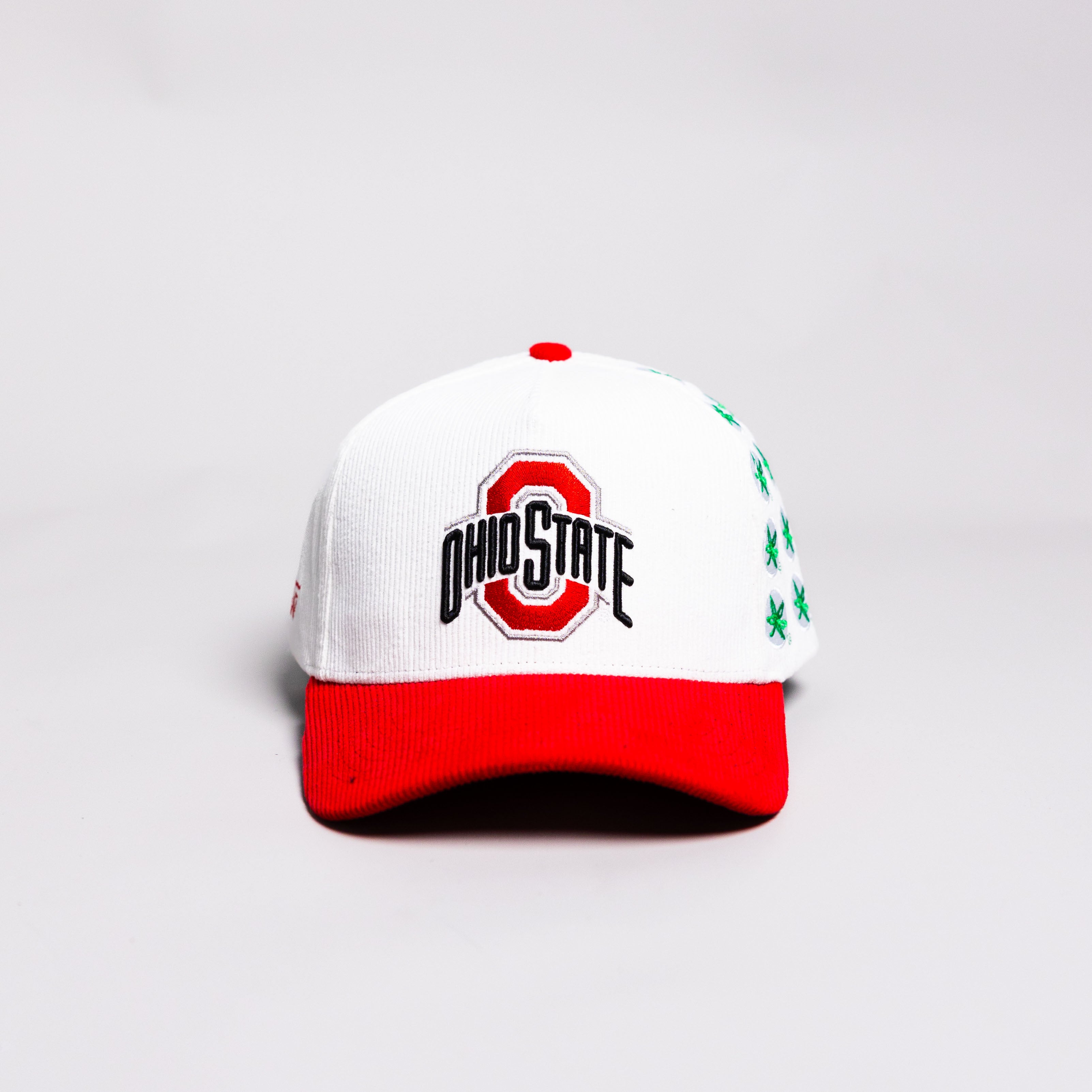 Ohio State Buckeyes Helmet Hat White Red Suede Brim Leaf Stickers Snapback - Front Panel