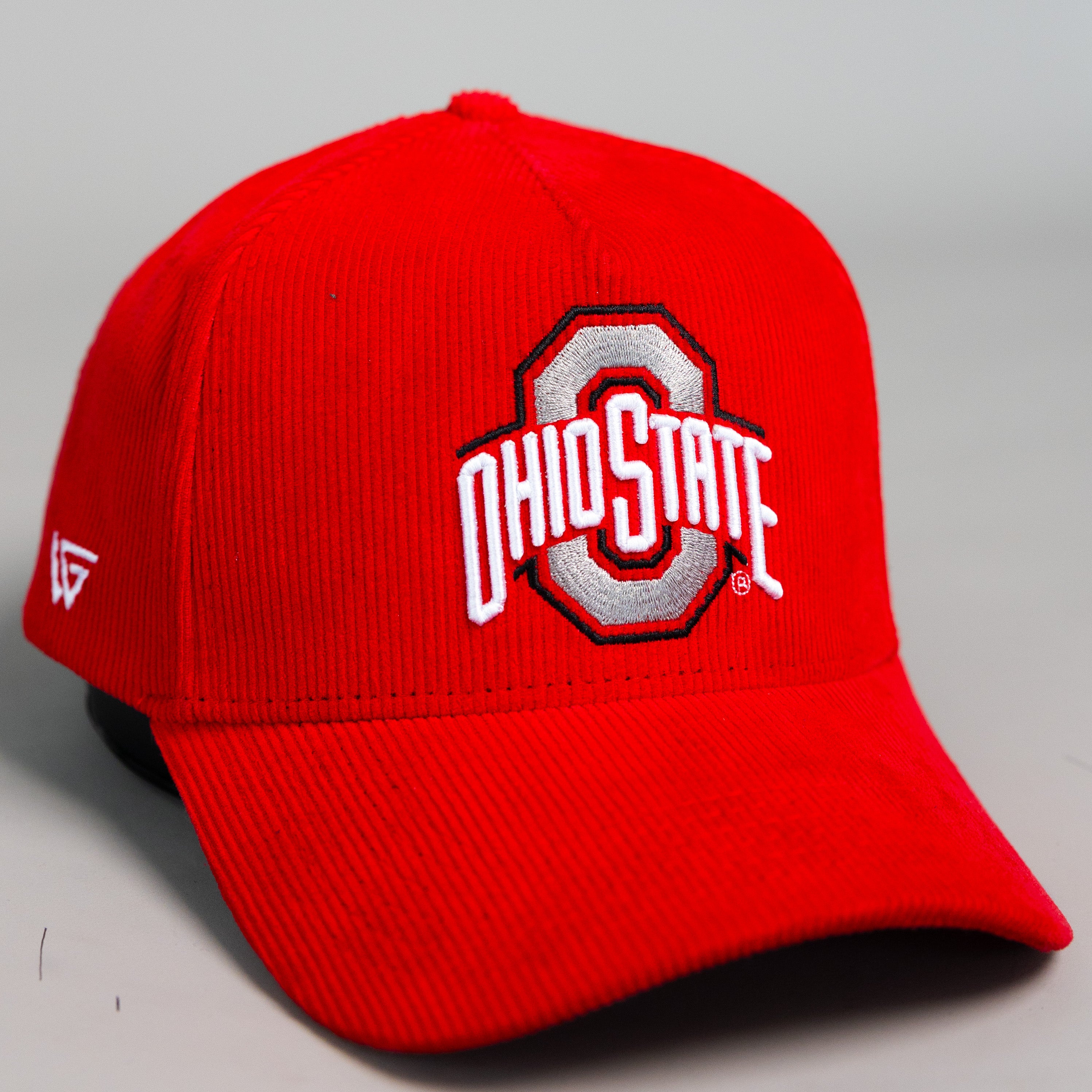 Ohio State Buckeyes Red Corduroy Snapback Hat with Helmet Sticker Leaf Patches - Front Detail