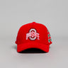 Ohio State Buckeyes Red Corduroy Snapback Hat with Helmet Sticker Leaf Patches - Front Panel