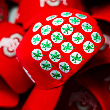 Ohio State Buckeyes Red Corduroy Snapback Hat with Helmet Sticker Leaf Patches - Helmet Sticker Detail
