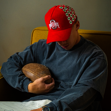Ohio State Buckeyes Red Corduroy Snapback Hat with Helmet Sticker Leaf Patches - On Model Seated