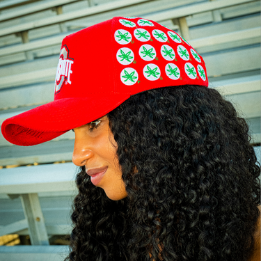 Ohio State Buckeyes Red Corduroy Snapback Hat with Helmet Sticker Leaf Patches - On Model Side Profile Lifestyle
