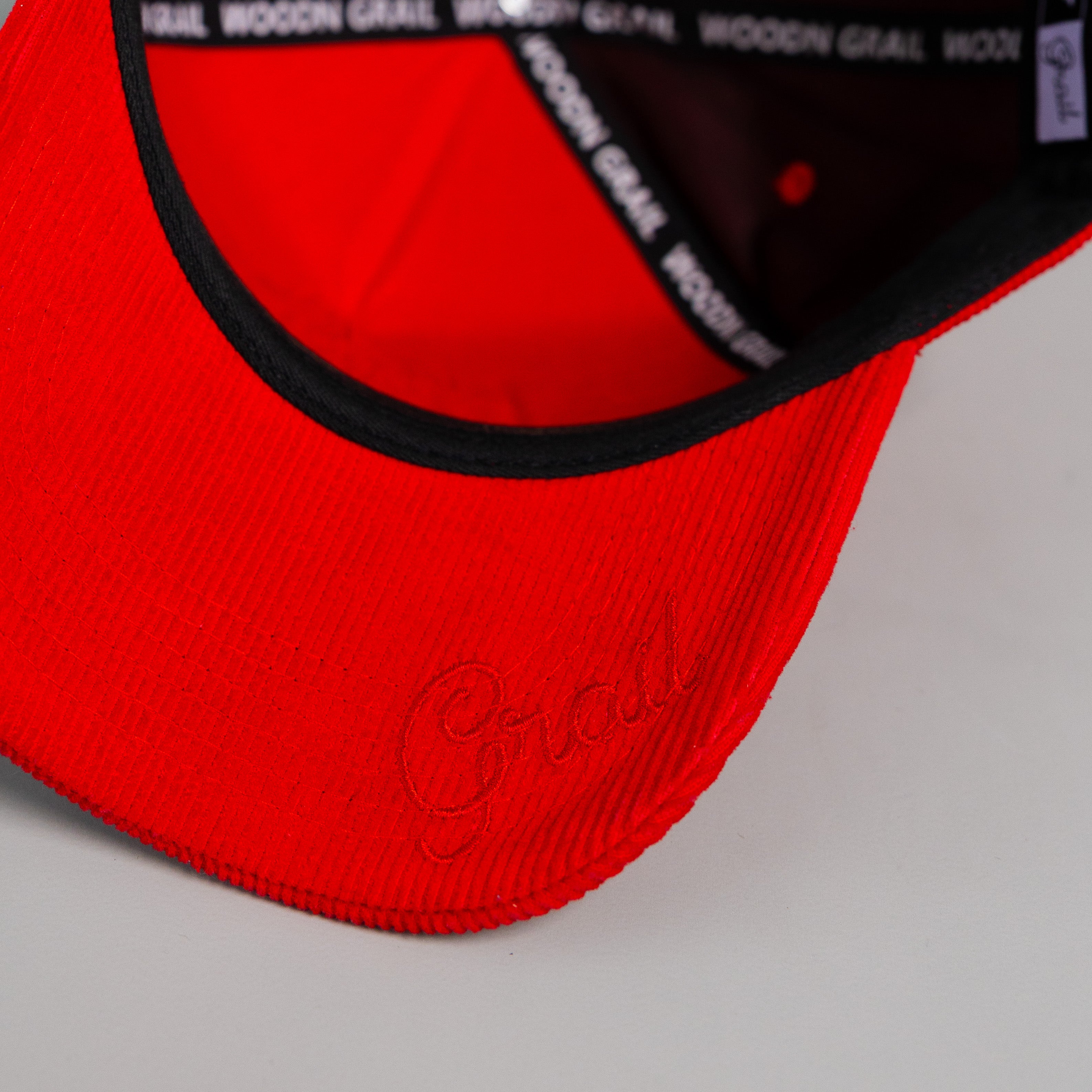 Ohio State Buckeyes Red Corduroy Snapback Hat with Helmet Sticker Leaf Patches - Underbrim Detail
