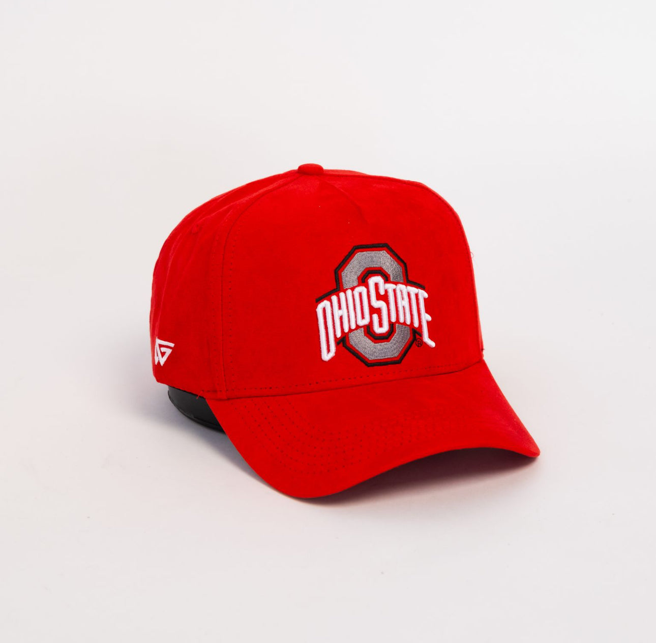 Ohio State Buckeyes Red Suede Snapback Hat with Championship Banner Patches - Angled View