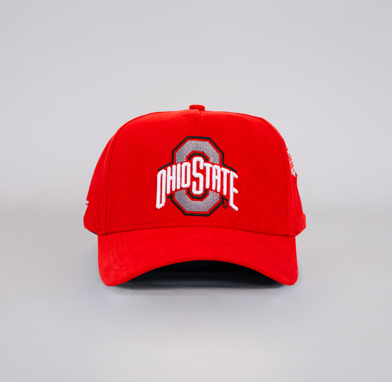 Ohio State Buckeyes Red Suede Snapback Hat with Championship Banner Patches - Front Panel