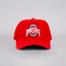 Ohio State Buckeyes Red Suede Snapback Hat with Championship Banner Patches - Front Panel