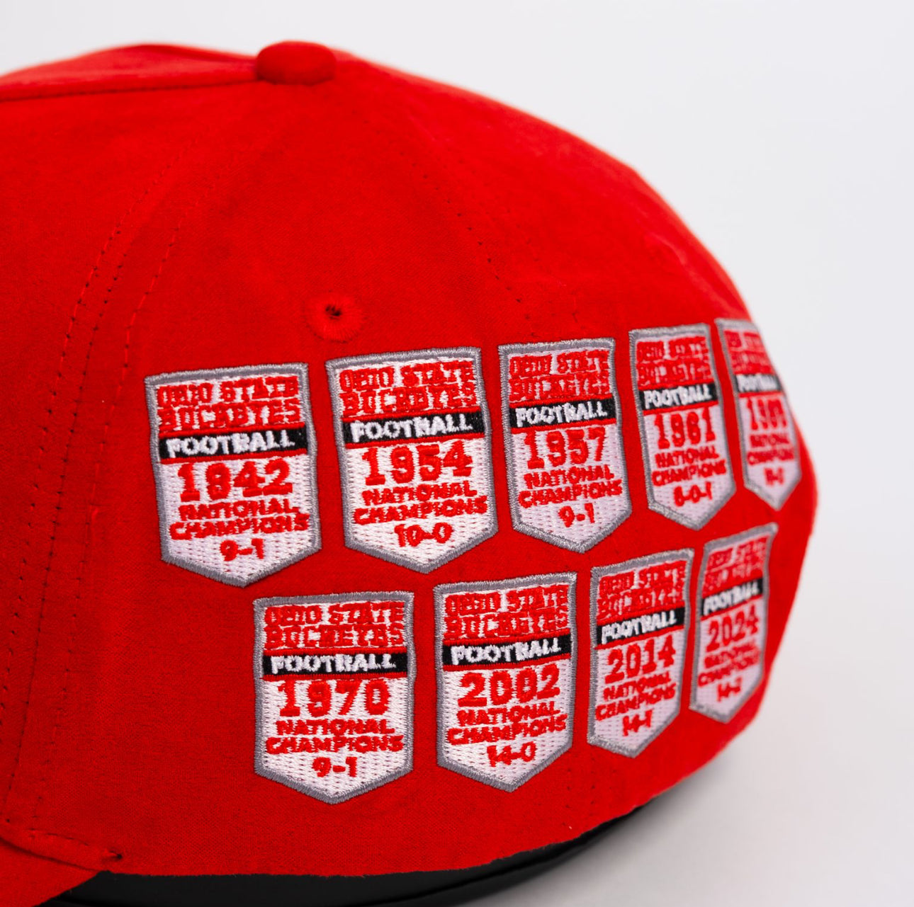 Ohio State Buckeyes Red Suede Snapback Hat with Championship Banner Patches - Side Patch Detail