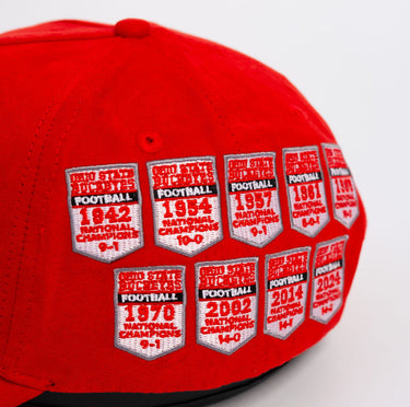 Ohio State Buckeyes Red Suede Snapback Hat with Championship Banner Patches - Side Patch Detail