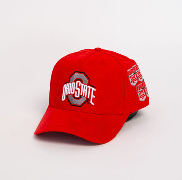 Ohio State Buckeyes Red Suede Snapback Hat with Championship Banner Patches - Side Patch