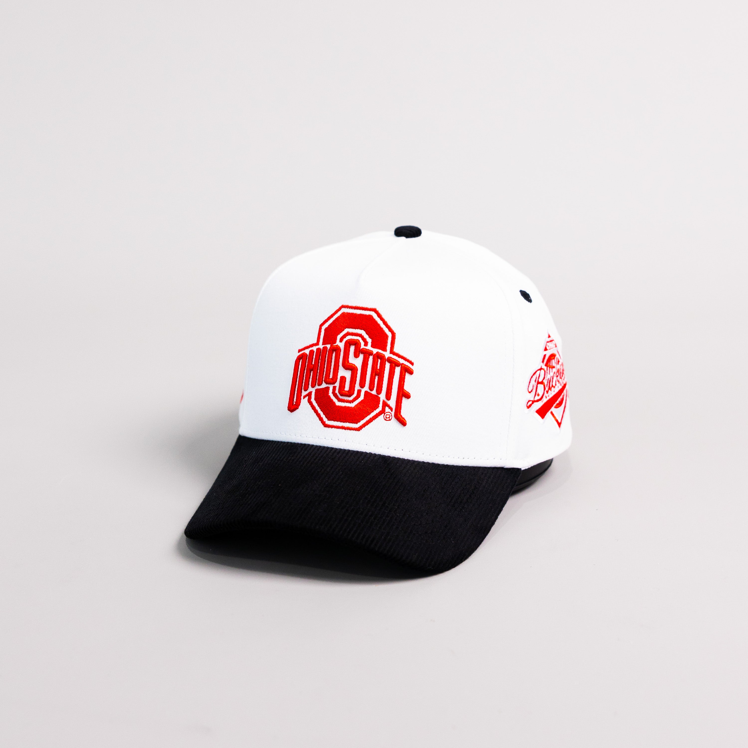Ohio State Buckeyes White and Black Snapback Hat with Block O Logo and Buckeyes Side Patch - Angled View