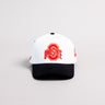 Ohio State Buckeyes White and Black Snapback Hat with Block O Logo and Buckeyes Side Patch - Front Panel