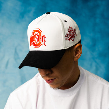 Ohio State Buckeyes White and Black Snapback Hat with Block O Logo and Buckeyes Side Patch - On Model Lifestyle