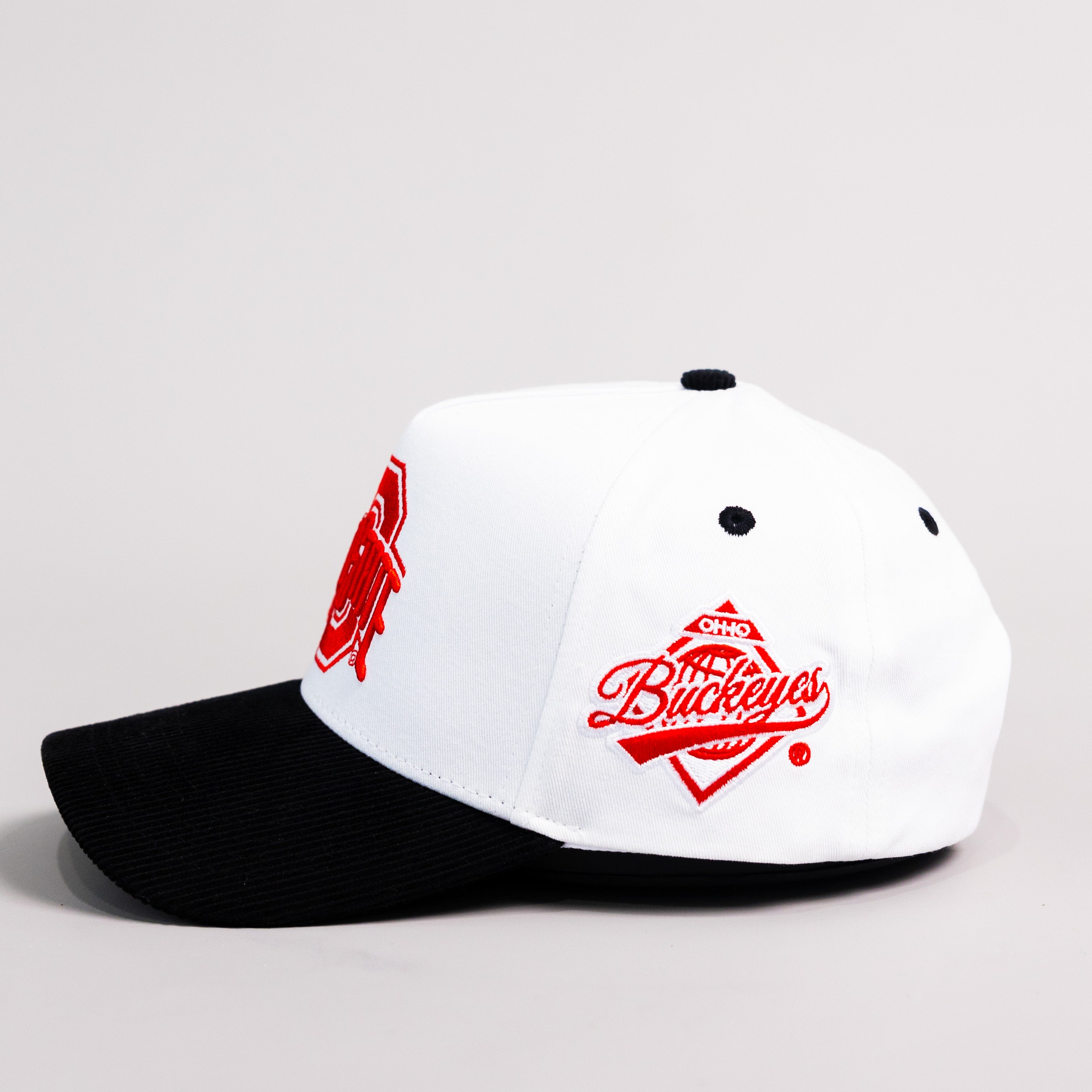 Ohio State Buckeyes White and Black Snapback Hat with Block O Logo and Buckeyes Side Patch - Side Patch