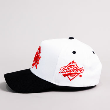 Ohio State Buckeyes White and Black Snapback Hat with Block O Logo and Buckeyes Side Patch - Side Patch