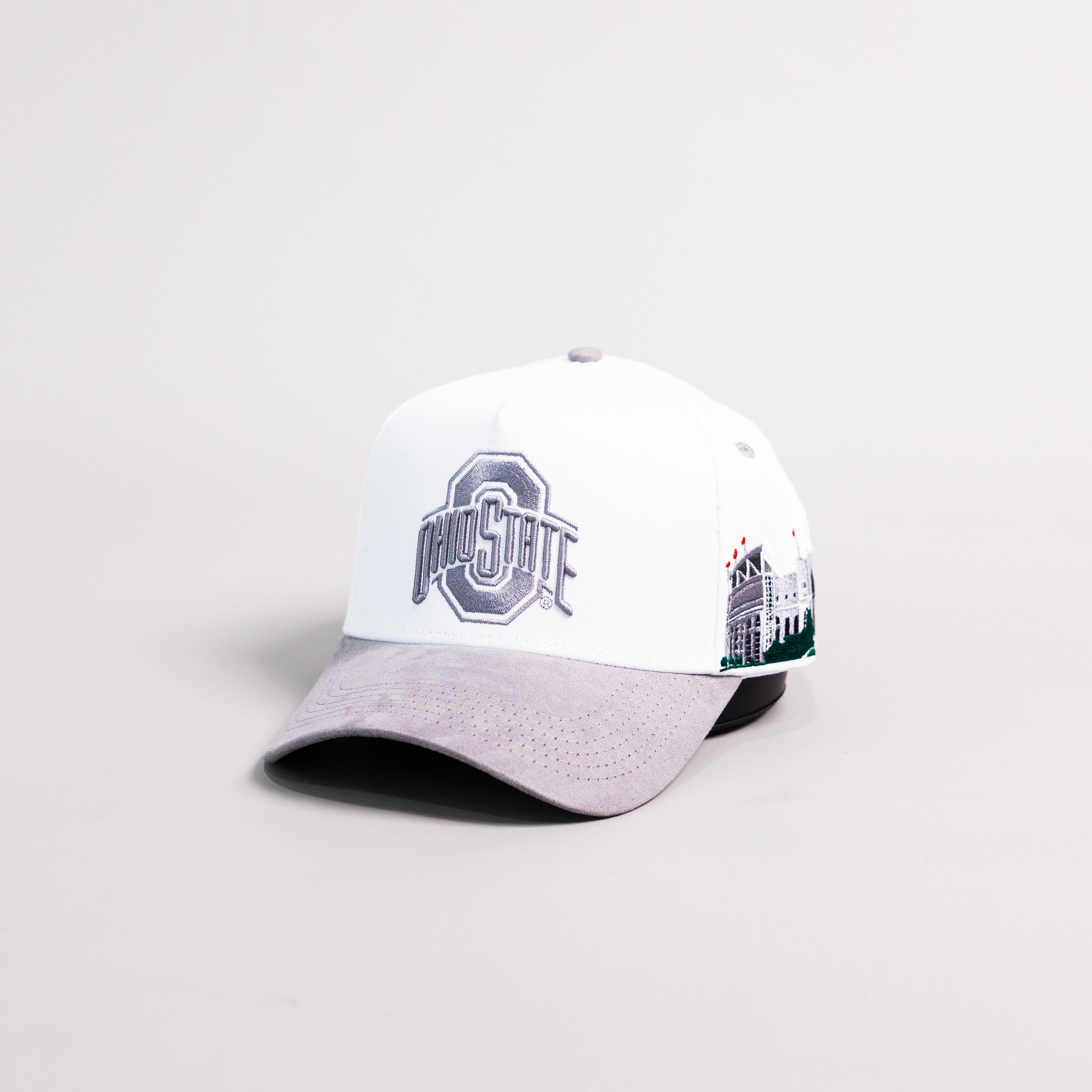 Ohio State Buckeyes White and Grey Suede Snapback Hat with Block O Logo and Horseshoe Stadium Patch - Angled View