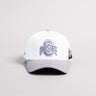Ohio State Buckeyes White and Grey Suede Snapback Hat with Block O Logo and Horseshoe Stadium Patch - Front Panel