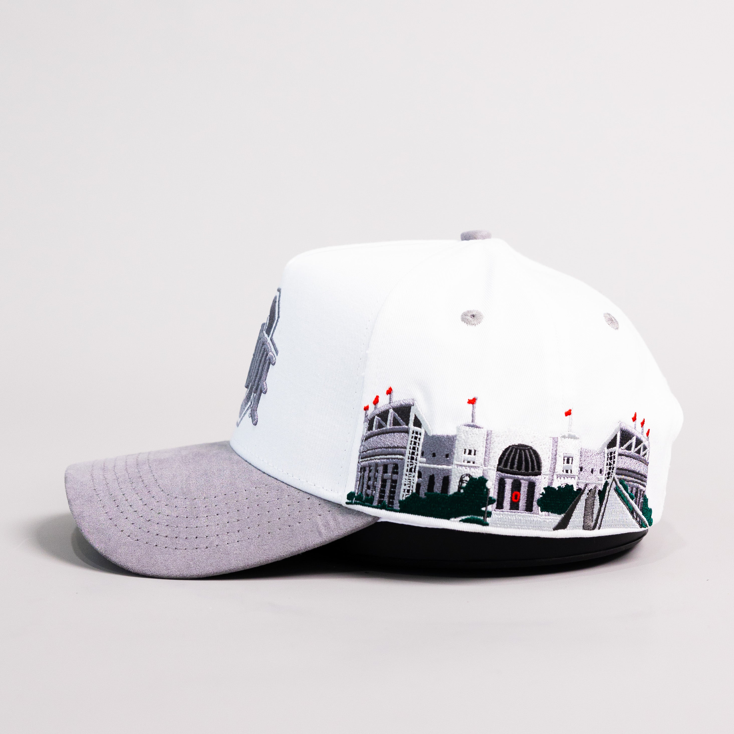 Ohio State Buckeyes White and Grey Suede Snapback Hat with Block O Logo and Horseshoe Stadium Patch - Side Stadium