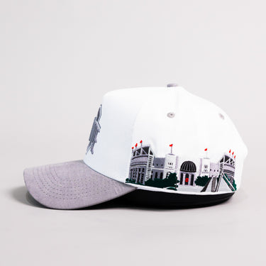Ohio State Buckeyes White and Grey Suede Snapback Hat with Block O Logo and Horseshoe Stadium Patch - Side Stadium