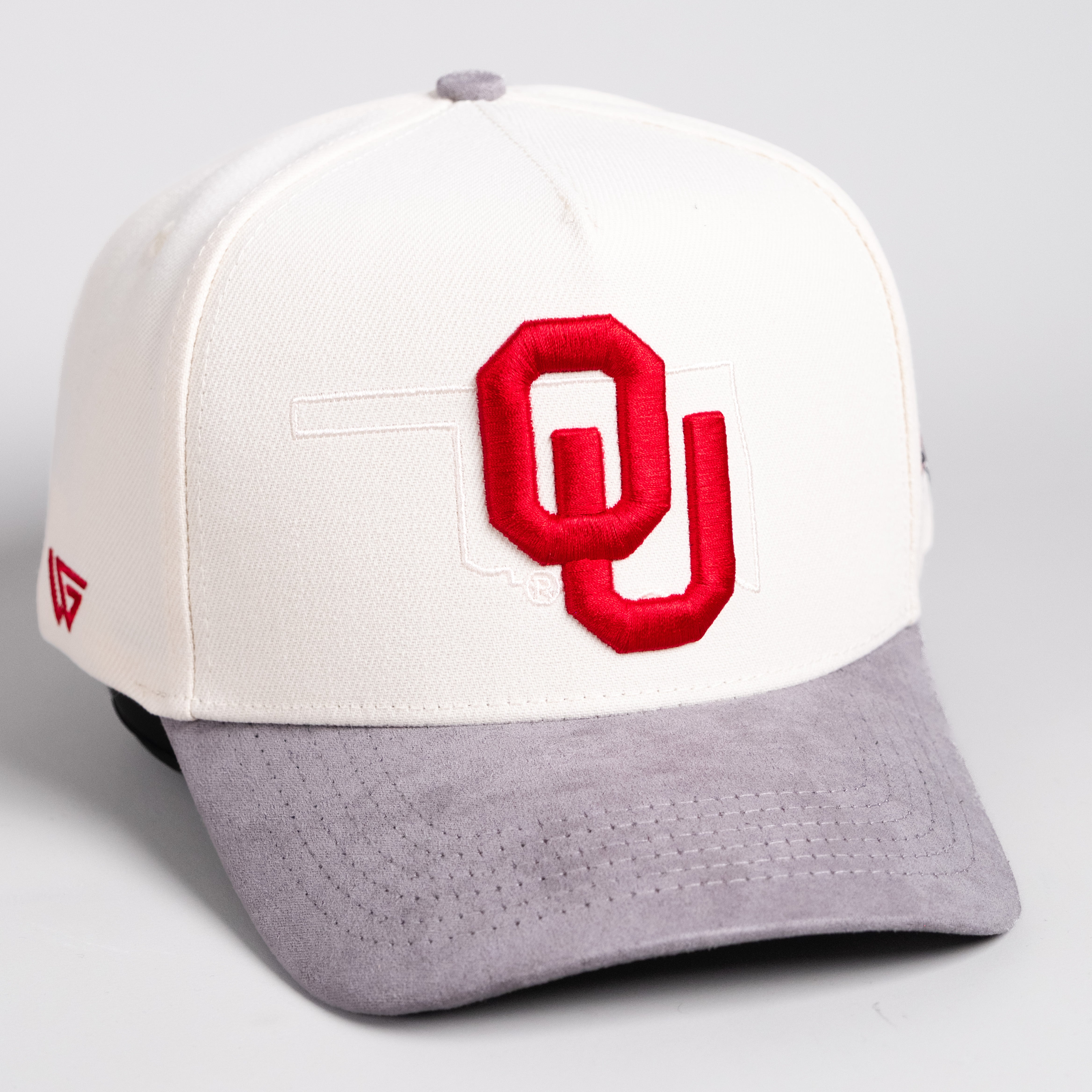 Oklahoma Sooners Hat Cream & Grey Suede Border Snapback - Angled View