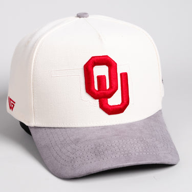 Oklahoma Sooners Hat Cream & Grey Suede Border Snapback - Angled View