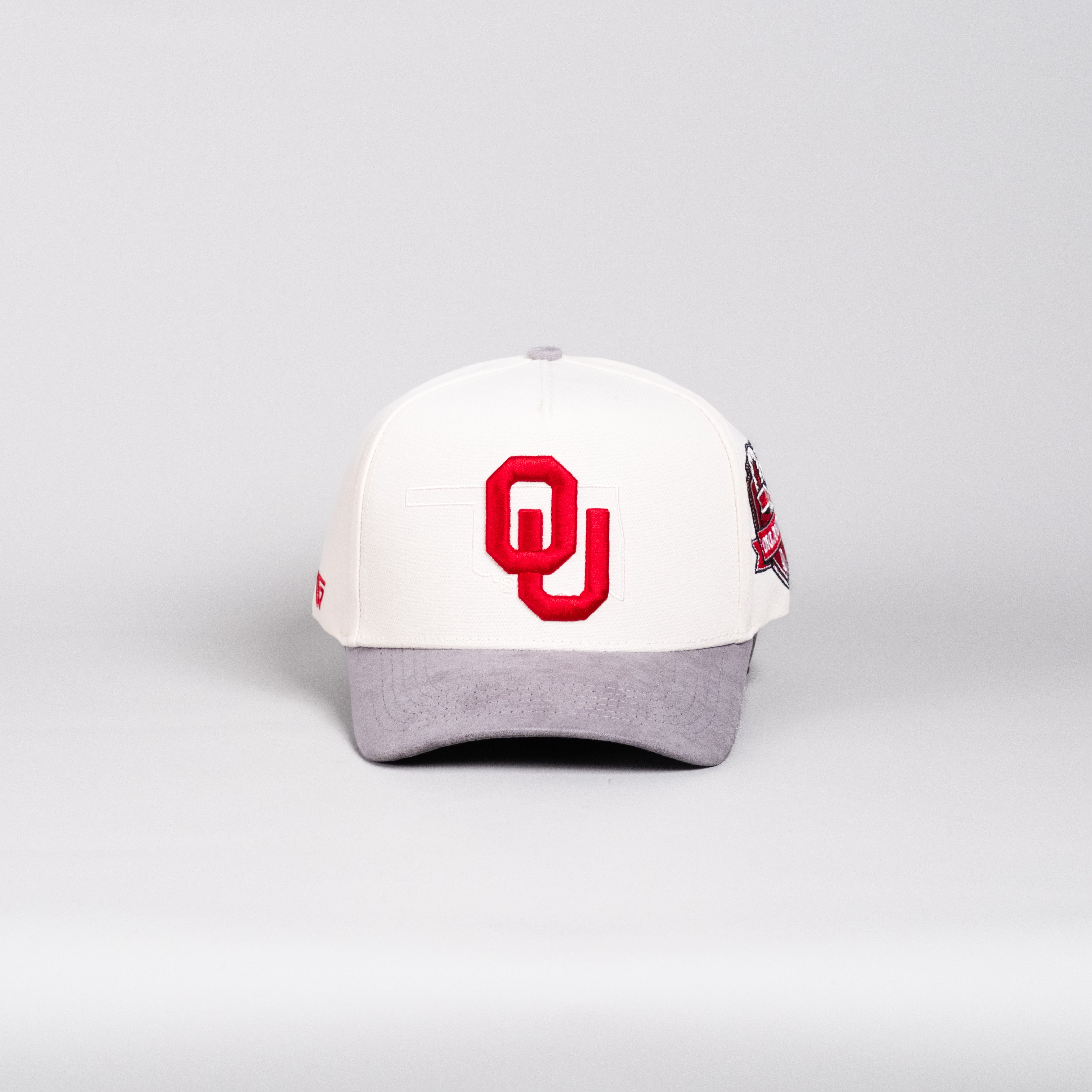Oklahoma Sooners Hat Cream & Grey Suede Border Snapback - Front Panel