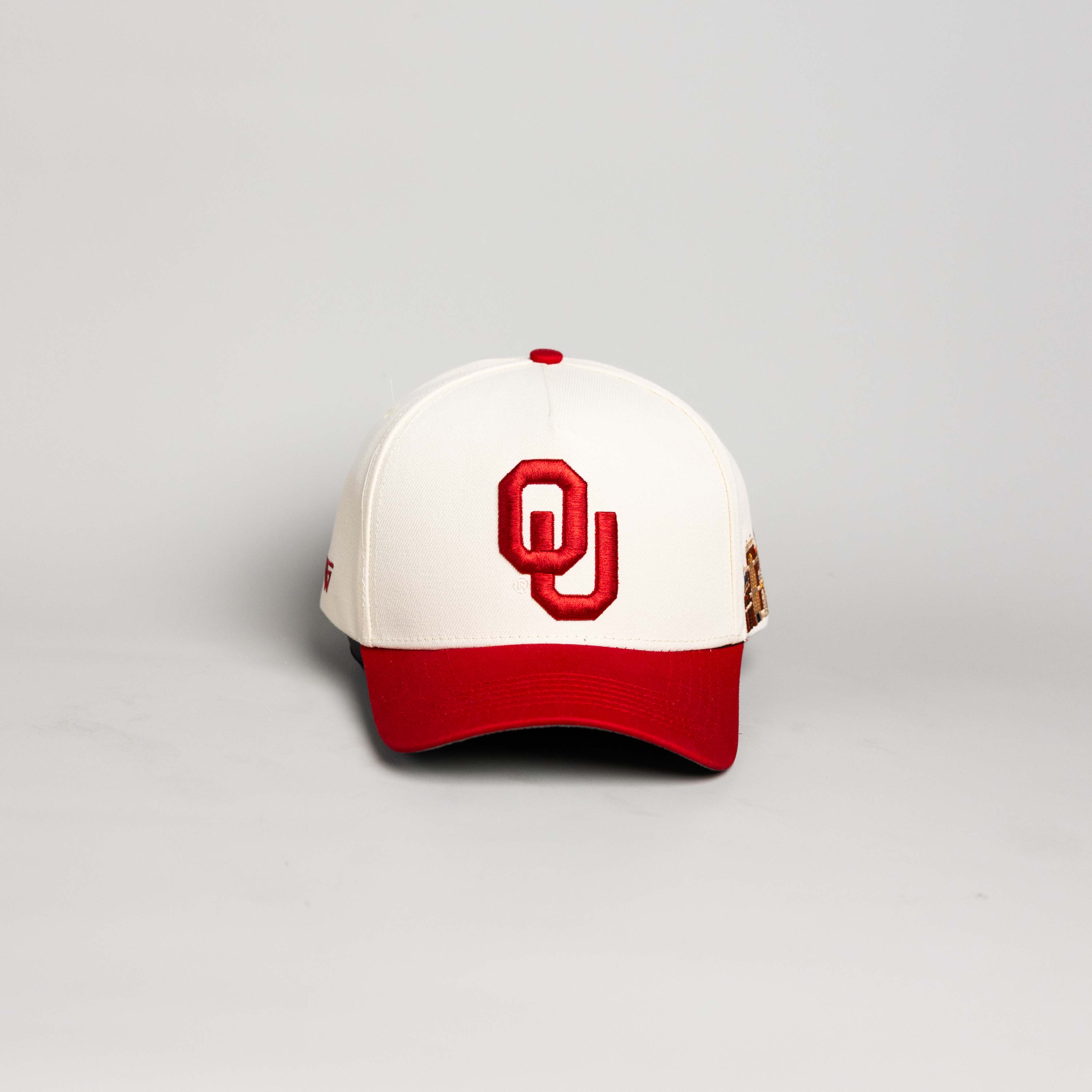 Oklahoma Sooners Hat Cream & Maroon Side Stadium Patch Snapback - Front Panel