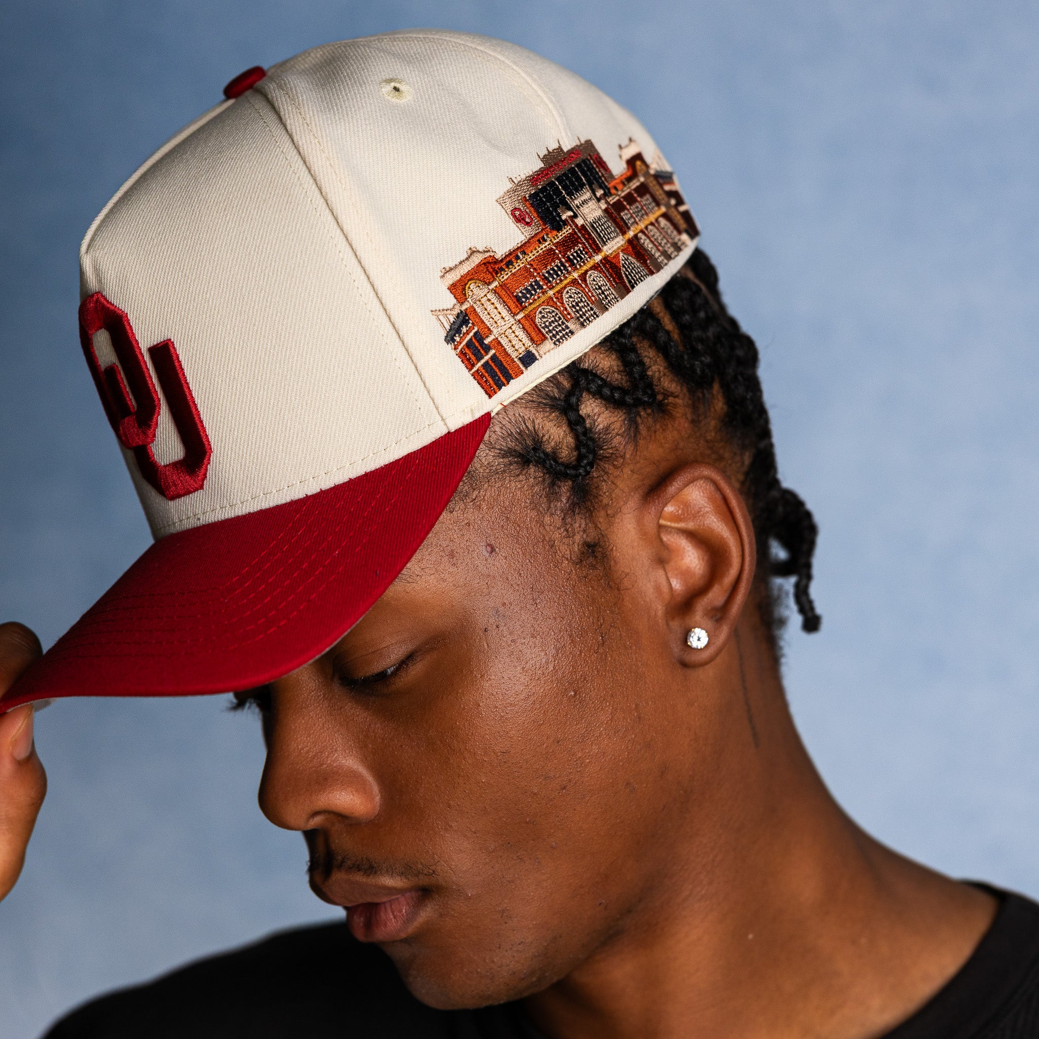 Oklahoma Sooners Hat Cream & Maroon Side Stadium Patch Snapback - On Model Lifestyle B