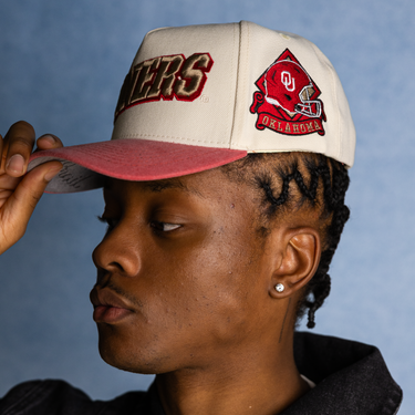 Oklahoma Sooners Hat Cream & Red Sun Fade Snapback - On Model Lifestyle B