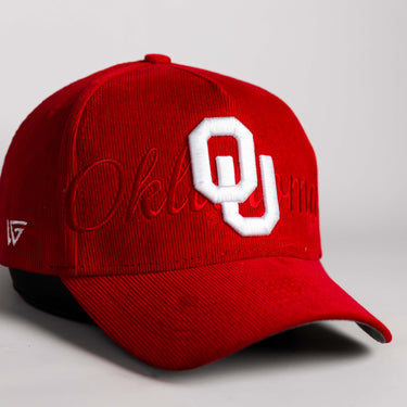 Oklahoma Sooners Hat Maroon Corduroy OU Script Snapback - Angled View