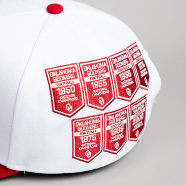 Oklahoma Sooners Hat White & Crimson Banners Snapback - Side Patch Detail