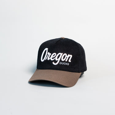 Oregon Ducks Hat Black Corduroy Brown Suede Brim Snapback College UO - Angled View