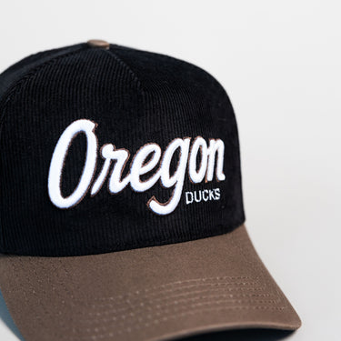 Oregon Ducks Hat Black Corduroy Brown Suede Brim Snapback College UO - Front Detail