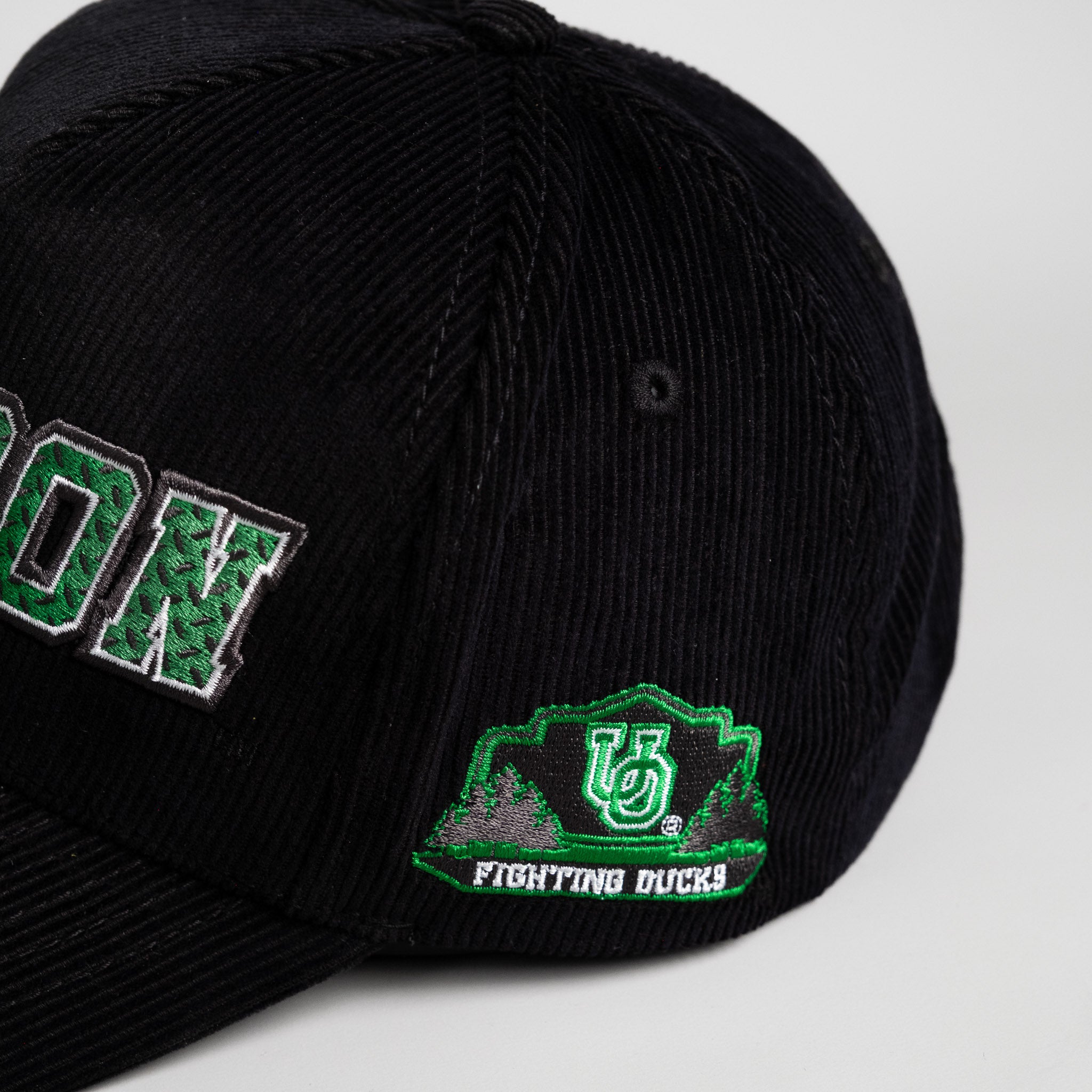Oregon Ducks Hat Black Corduroy Flying V Snapback - Angled View