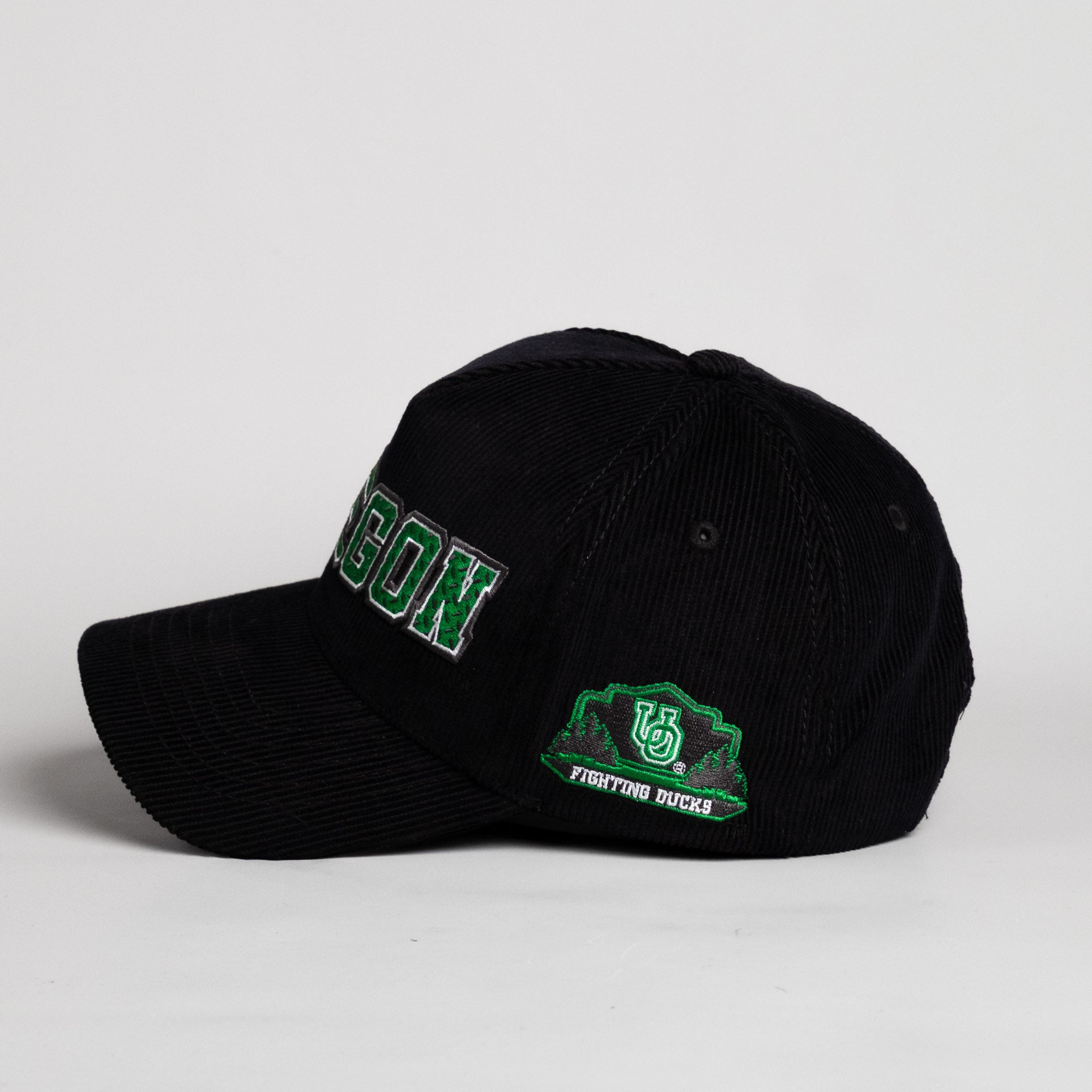 Oregon Ducks Hat Black Corduroy Flying V Snapback - Side Patch Detail