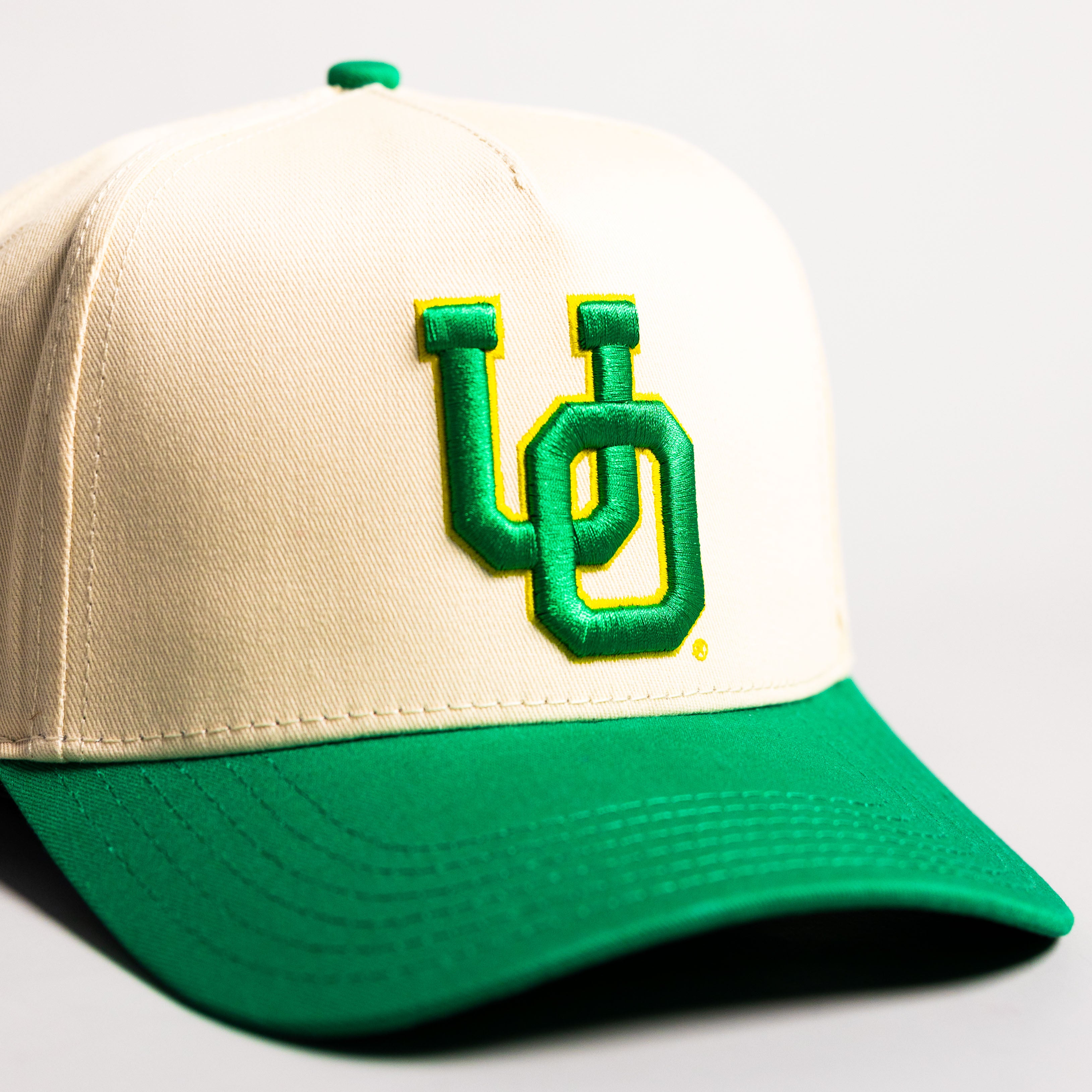 Oregon Ducks Hat Cream & Green Autzen Stadium Snapback - Front Detail