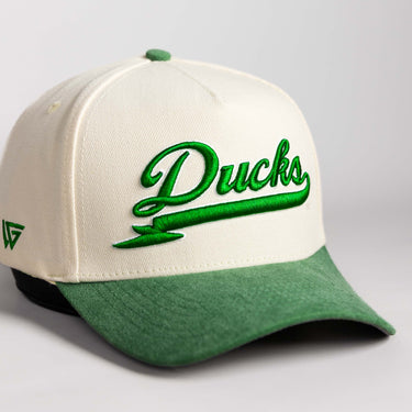 Oregon Ducks Hat Cream & Green Sun Fade Snapback - Angled View